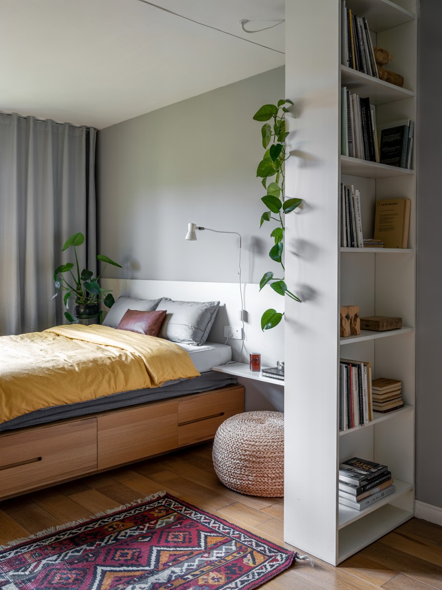 Scandinavian Bedroom Design Ideas with Minimalist Storage and Plants