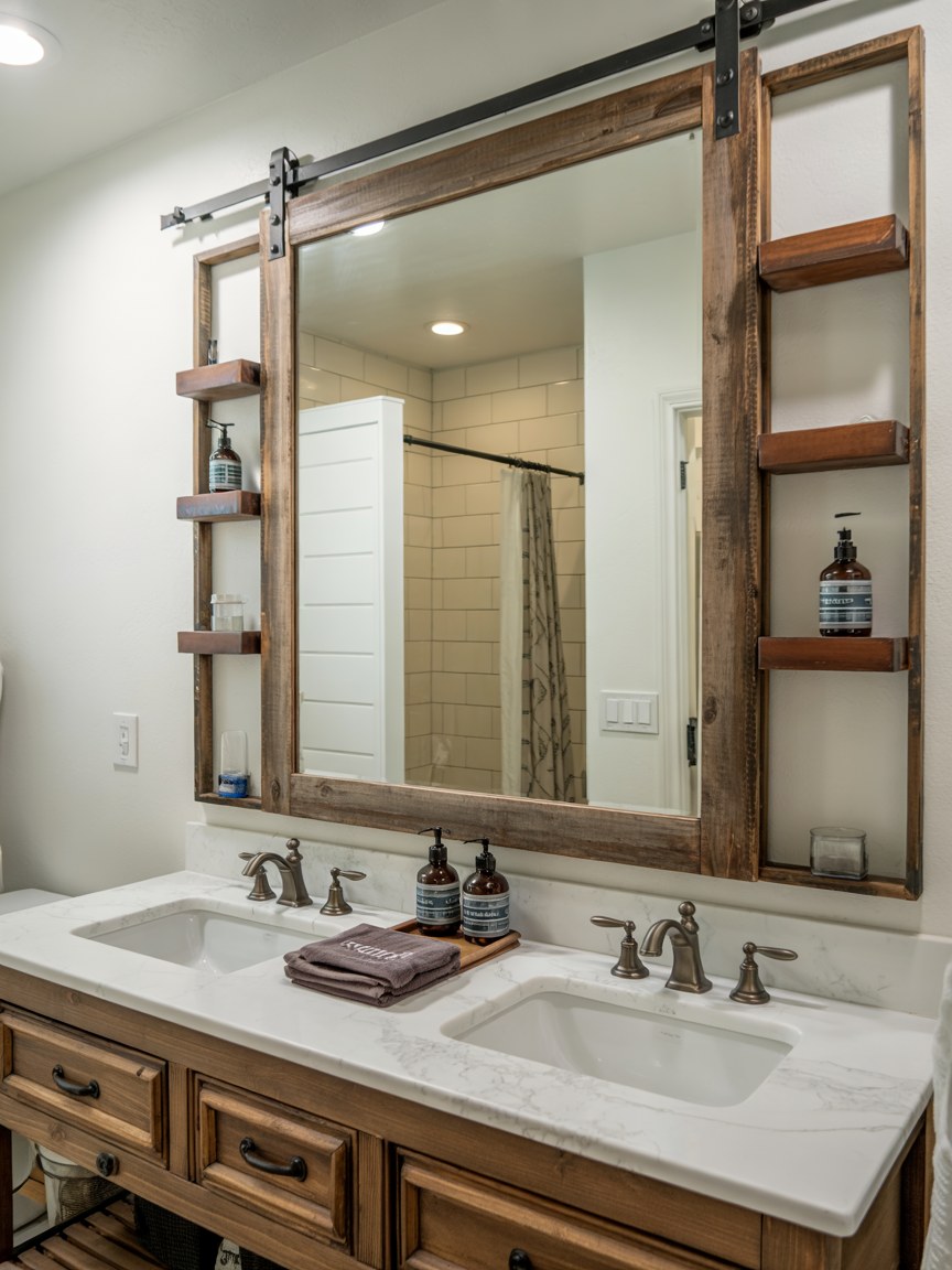 Luxury Small Bathroom Design with Rustic Barn Door Mirror and Double Vanity