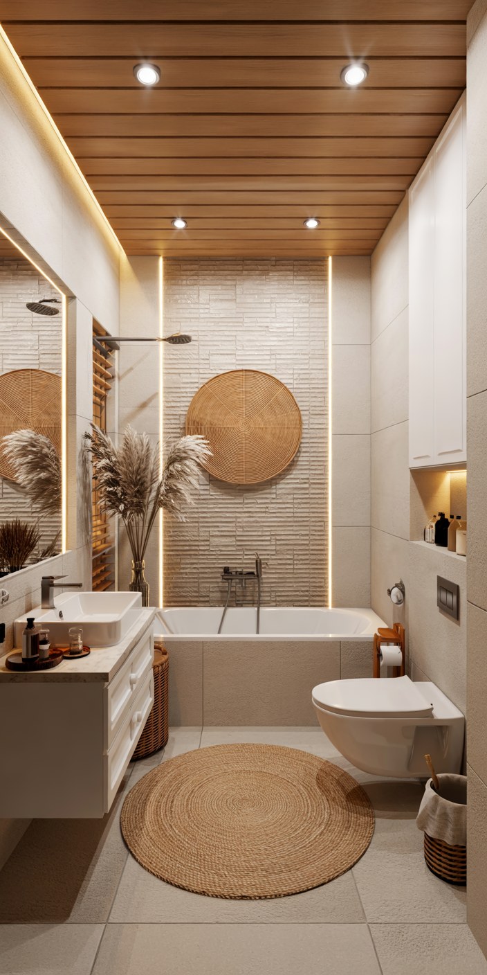 Modern Luxury Small Bathroom Design with Warm Wood Ceiling Ideas