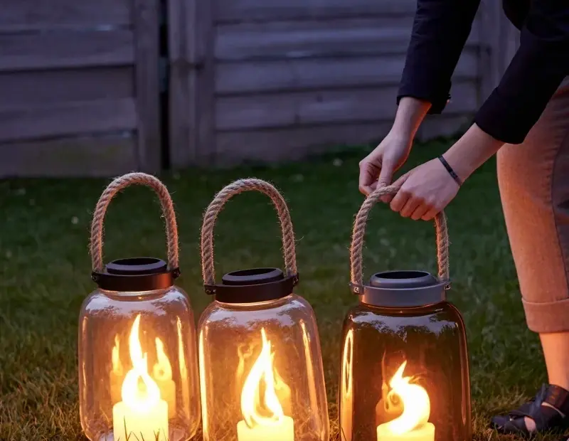 Avoid this common outdoor lantern lighting mistake – glass lanterns with fake flame on grass