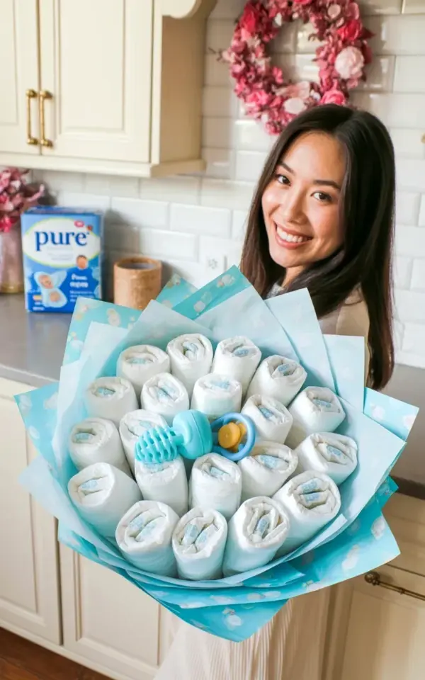 Diaper Bouquet Baby Shower Gift – Easy DIY with Blue Accents