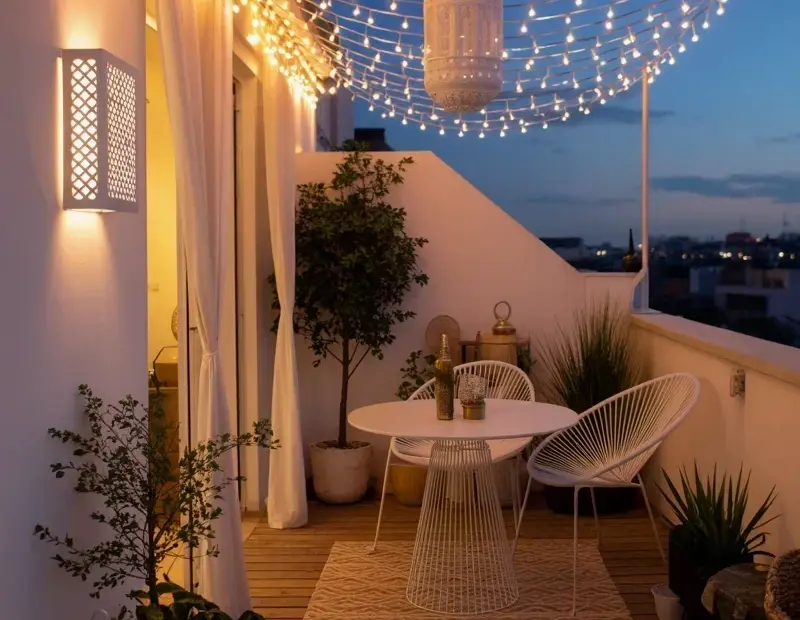 Budget Balcony Decor Ideas with String Lights and Moroccan Lanterns