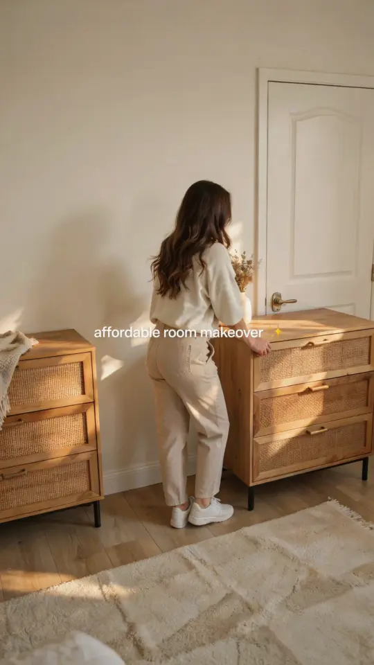 Rattan & wood 3-drawer dresser in light oak - three of them created the coziest bedroom organization