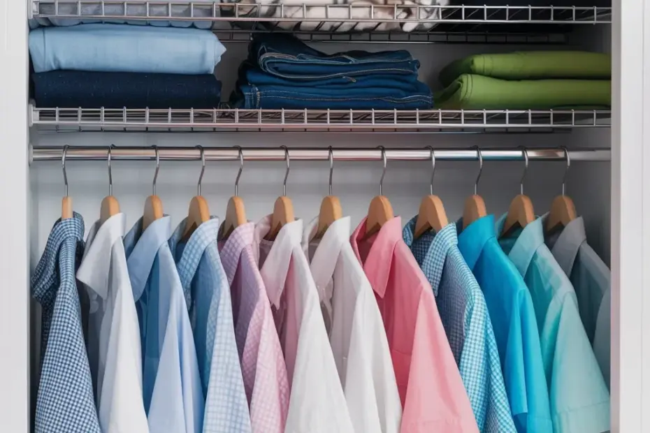 Closet Organization with Wire Shelves and Color Coordinated Shirts