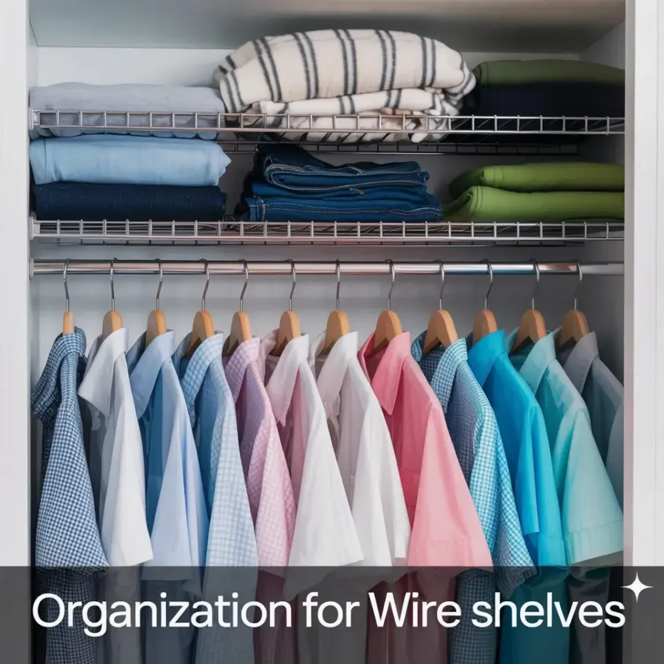Closet Organization with Wire Shelves and Color Coordinated Shirts